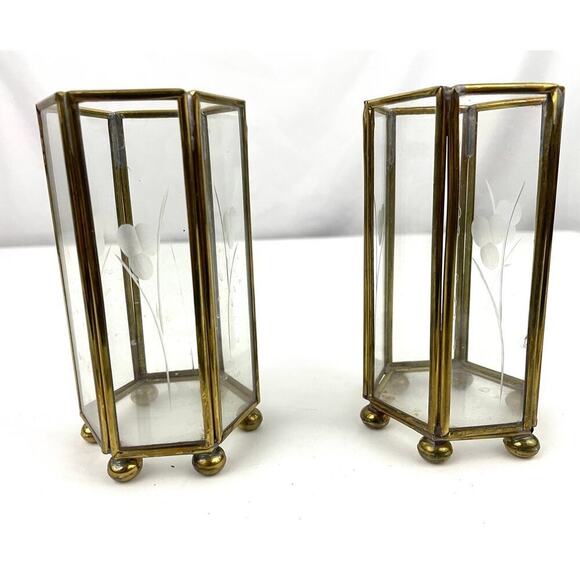 VTG Mini Brass Etched Glass Lantern Candle Holder Display Lot of 2 - Picture 1 of 16